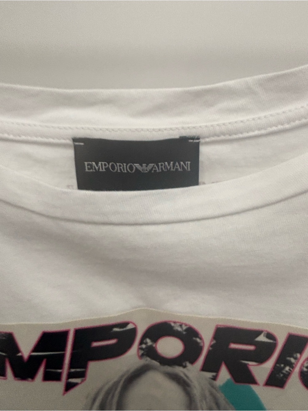 Emporio Armani White Graphic Short-Sleeve Tee With Pink & Blue Accents View 4
